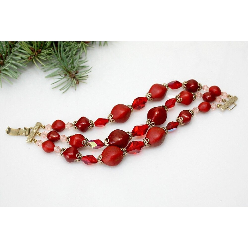 BOHO Hippie Fairycore 3 Strand Bracelet Red Pink Glass Faux Pearl Beads - Gift